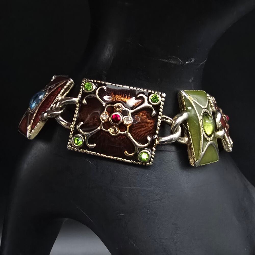 Liz Claiborne Green Red Bracelet Warm Fall Tones Panel Link